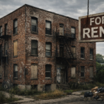 Brick apartment building with For Rent sign