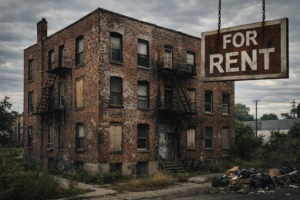 Brick apartment building with For Rent sign