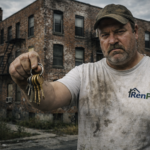 Property manager holding keys outside building