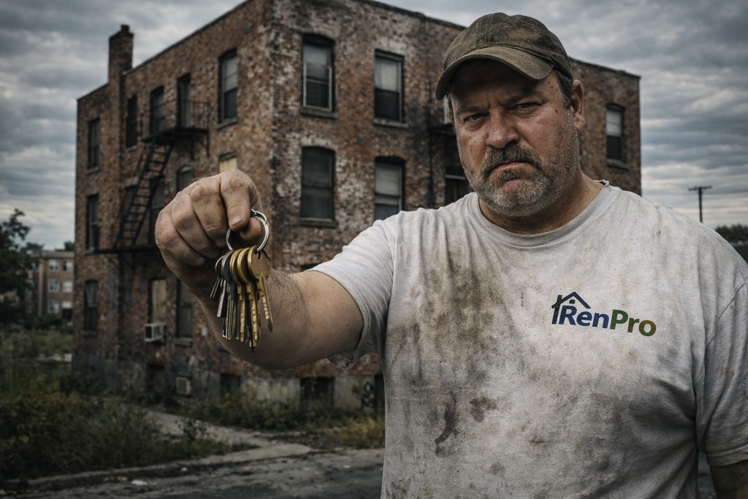 Property manager holding keys outside building